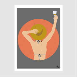 Vorderseite Wein-Postkarte "Cheers to the World" der Marke Winecraft. Im Retro-Design: Frau im Bikini und Sonnenhut prostet der Welt mit einem Weinglas zu.