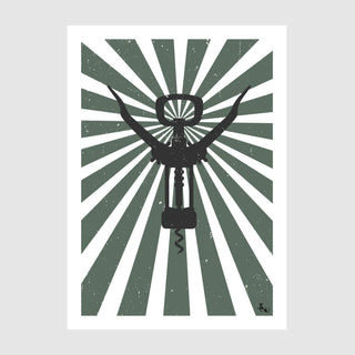 Vorderseite Wein-Postkarte "Corkscrew". Im Retro-Design: Korkenzieher vor grünen Strahlen und weißem Hintergrund.
