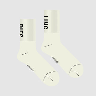 Technische Zeichnung, Seitenansicht: Stylische Weinsocken mit dem Schriftzug RIES auf dem linken Fuß und LING auf dem rechten Fuß in vanilla aus Bio-Baumwolle und made in Portugal
