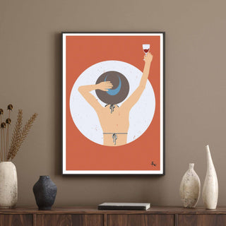 Poster Cheers to the World in schwarzem Rahmen an Wand, Retro-Einrichtung im warmen dunklen Greige-Ton