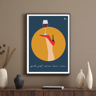 Poster Head over Heels for Wine in schwarzem Rahmen an Wand, Retro-Einrichtung im warmen dunklen Greige-Ton